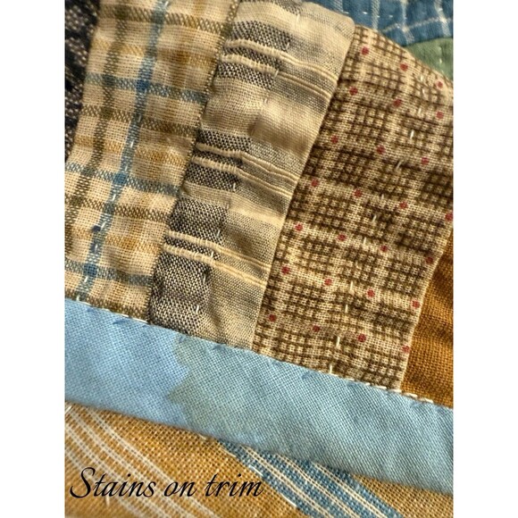 Antique Log Cabin Quilt Reversible Twin/full Blue Trim Floral Back 81” X 64” - Picture 13 of 16